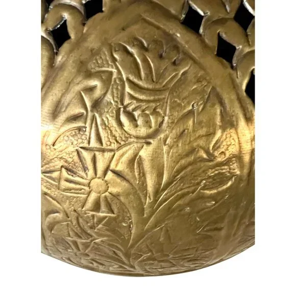 Vintage Large Brass Round Sphere Planter Floral Thistle Geometric Designs 11" - Picture 9 of 11